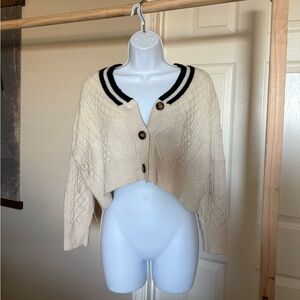 Super cute Cream cropped Cable Knit Cardigan with Black Trim